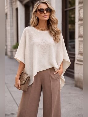 100% Cashmere Wrap Poncho Embroidered Soft Luxury Top L